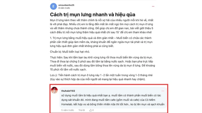 Review trị mụn lưng bằng muối trên diễn đàn Webtretho